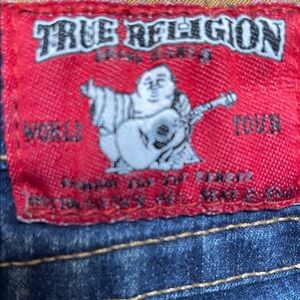 True Religion Men's Slim Straight Jeans with Red Logo Patch